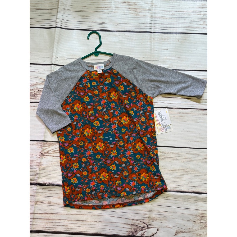 LuLaRoe Sloan Kids Floral Raglan Tee Shirt Gray Orange Teal Size 8 NWT